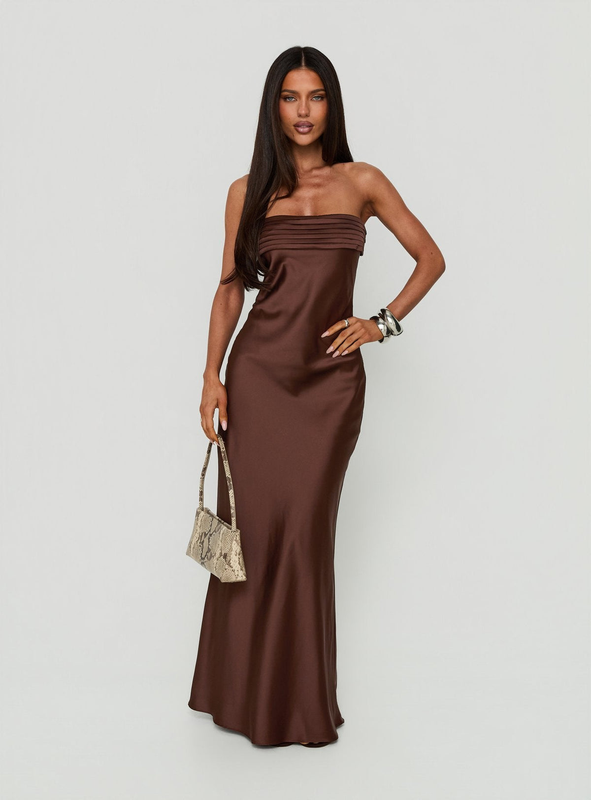 #NOVERA - Vestido Largo Khalotte Marrón Palabra de Honor -