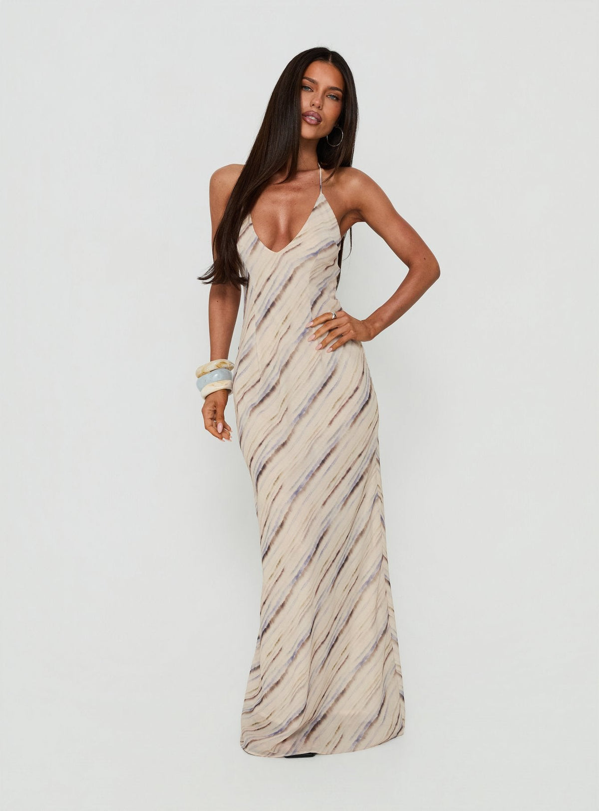 #NOVERA - Vestido Largo Esmira Crema de Rayas Halter -