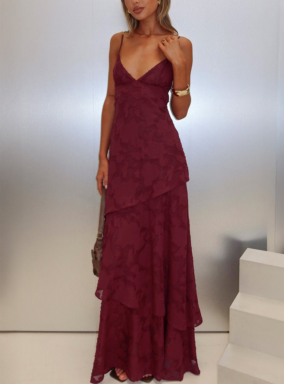 #NOVERA - Vestido Largo Lyricah Burdeos de Volantes -