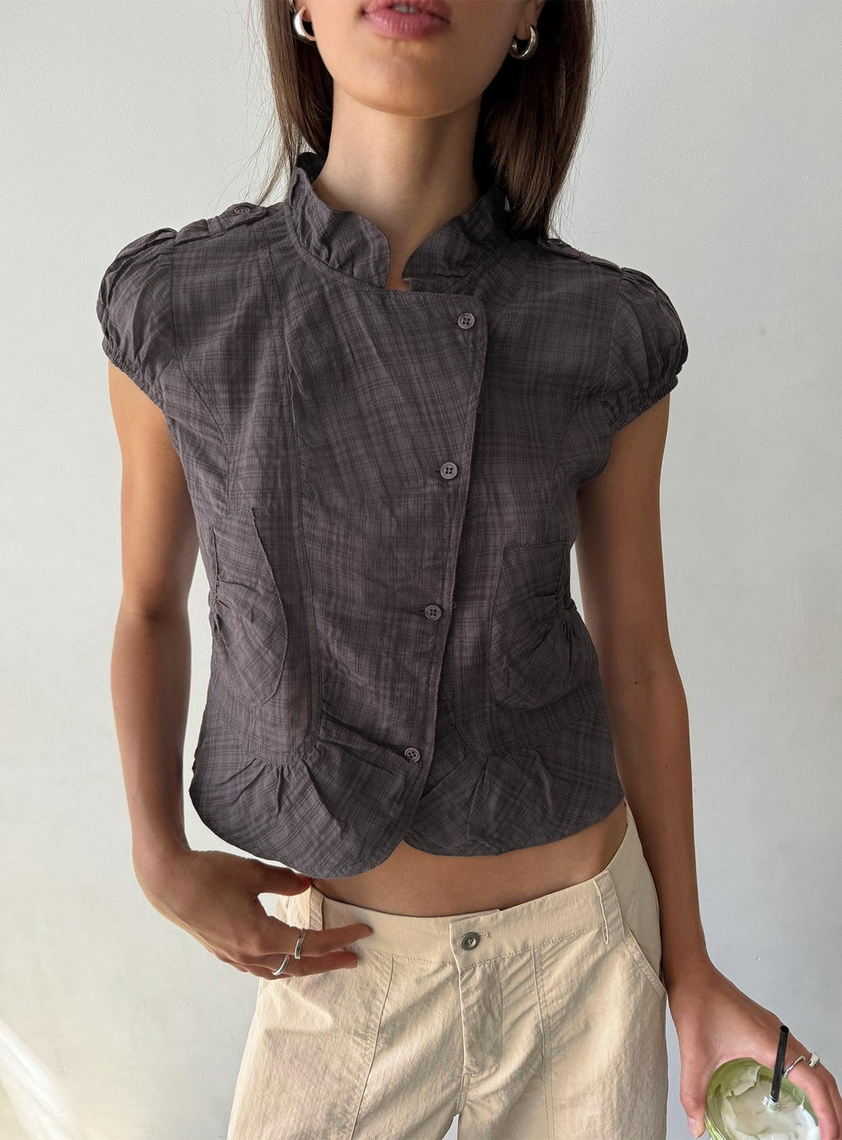 #NOVERA - Top Aryalda Multicolor de Cuadros de Manga Corta -