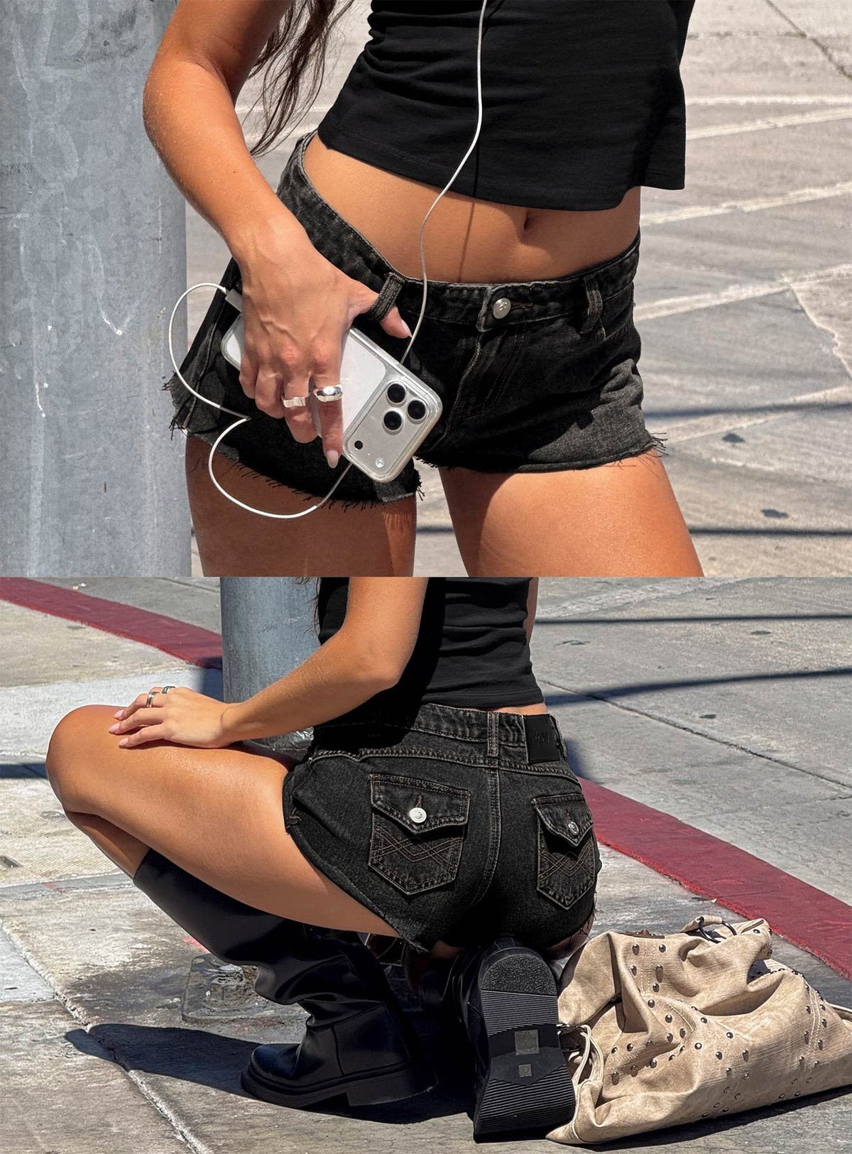 #NOVERA - Shorts Milania Negros Vintage de Tiro Bajo Denim -