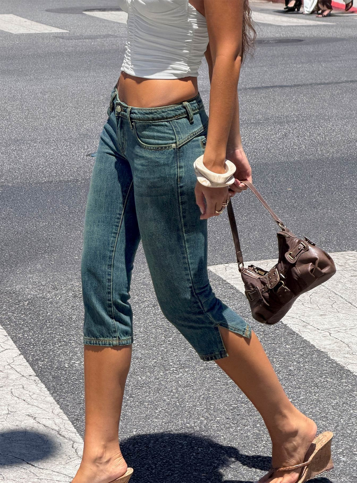 #NOVERA - Pantalón Capri Ceilea Azul de Tiro Bajo Denim -