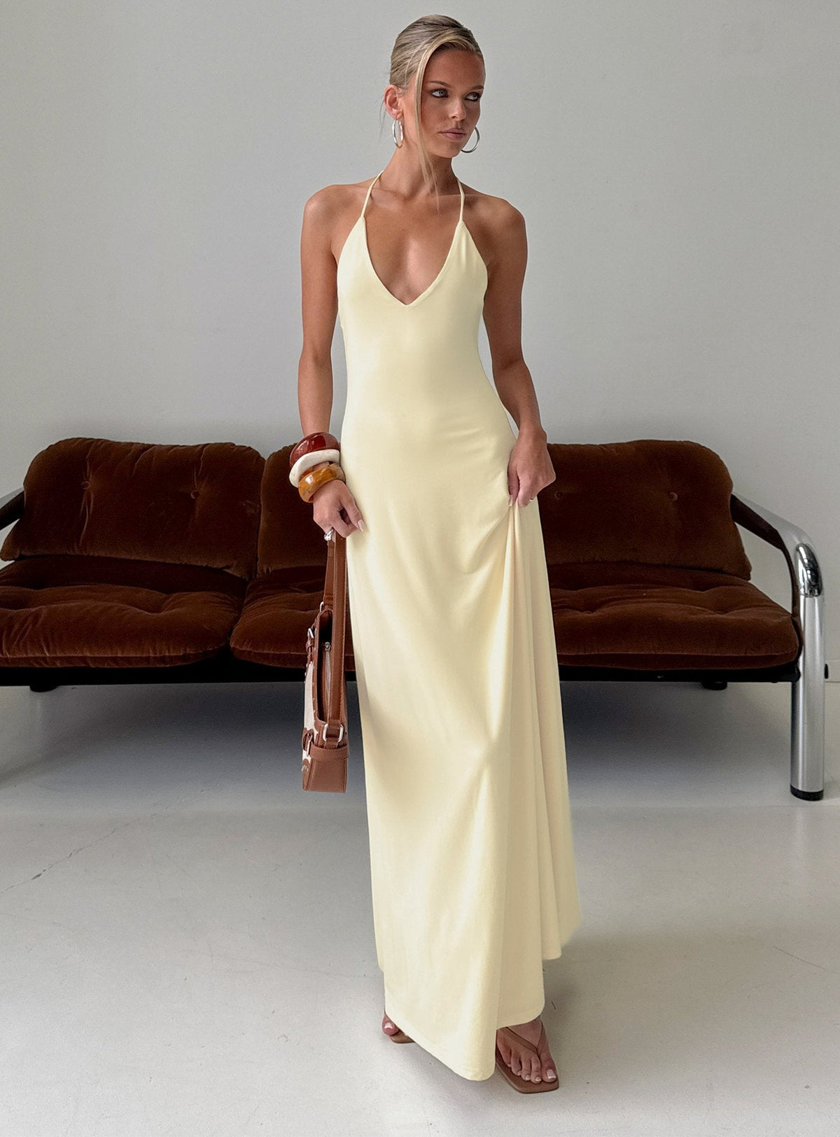 #NOVERA - Vestido Largo Palmas Amarillo Mantequilla Amarillo Halter -