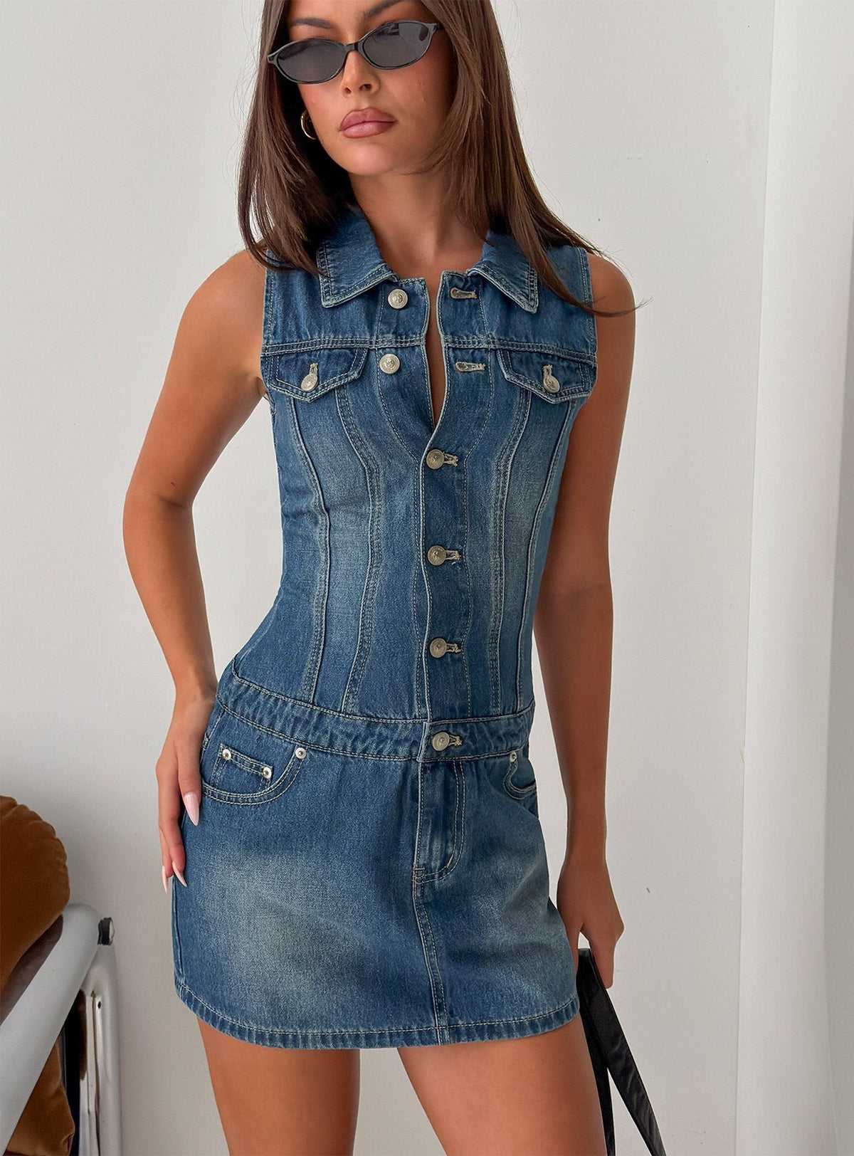#NOVERA - Vestido Mini Divinitee Azul Denim con Botones -