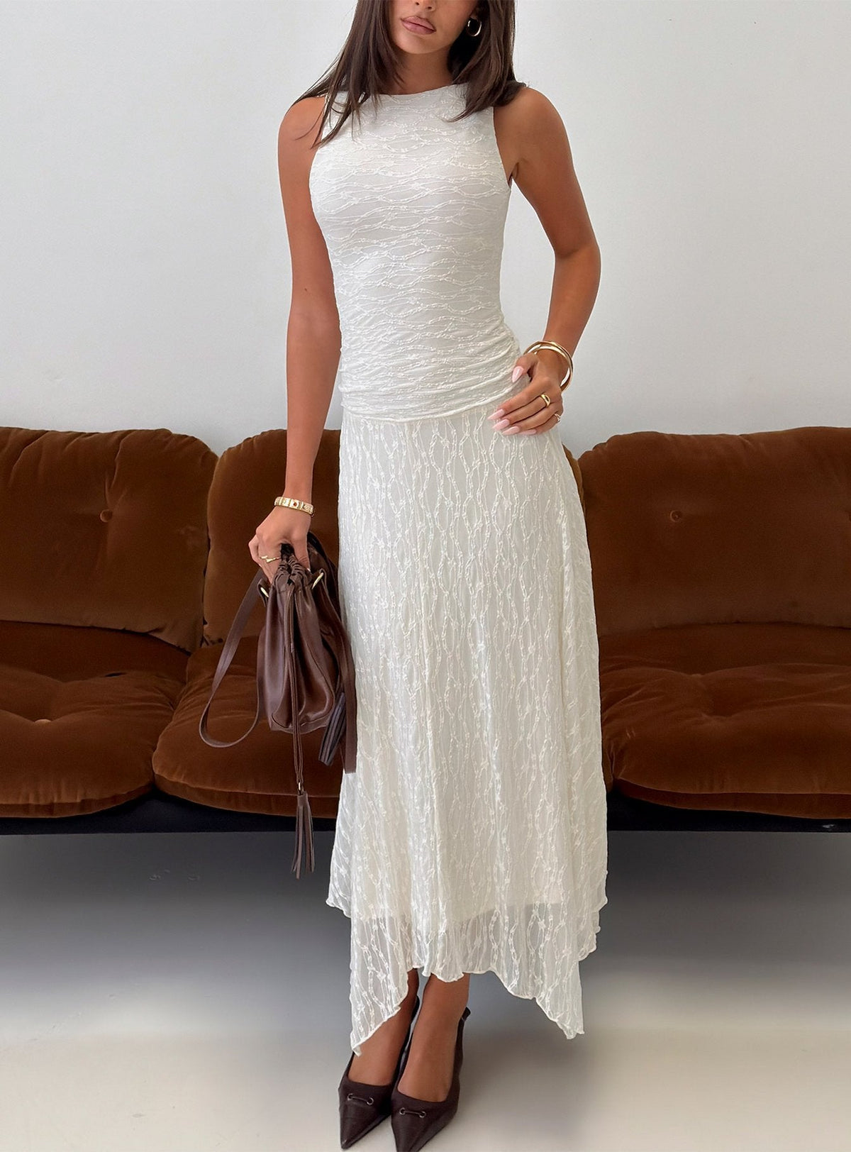#NOVERA - Vestido Largo Enzina Crema de Encaje -