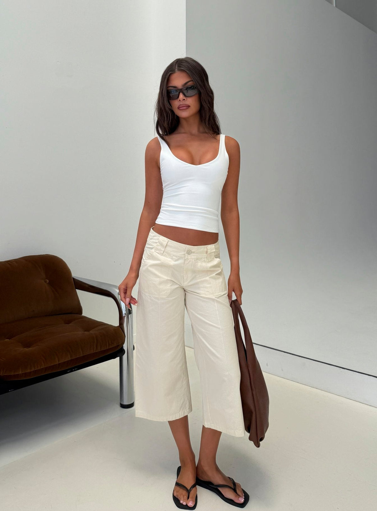 #NOVERA - Pantalón Capri Miska Blanco Roto de Pierna Ancha -