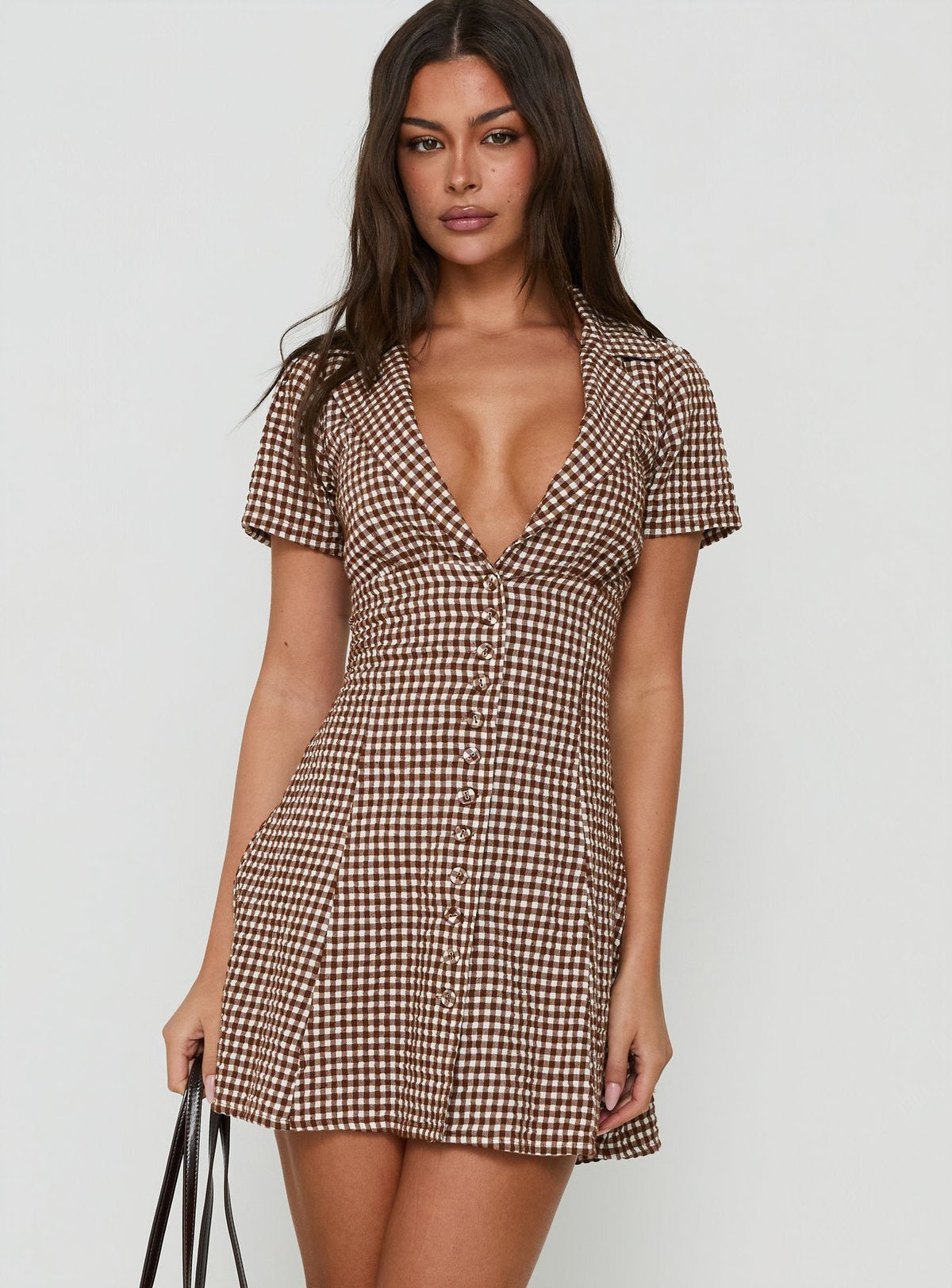 #NOVERA - Vestido Mini Pique Marrón de Vichy con Botones -