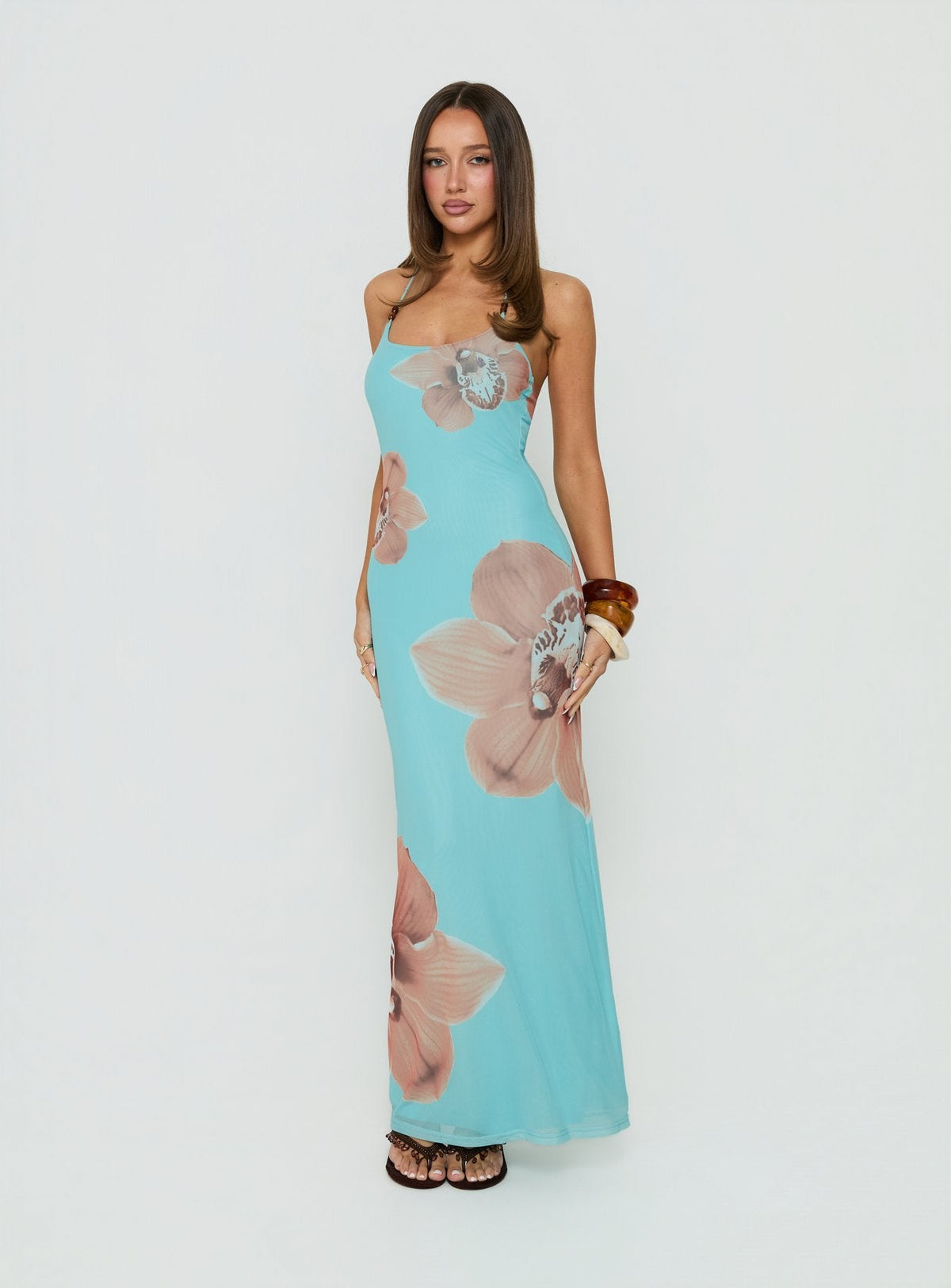#NOVERA - Vestido Largo Kamina Turquesa con Abalorios Halter -
