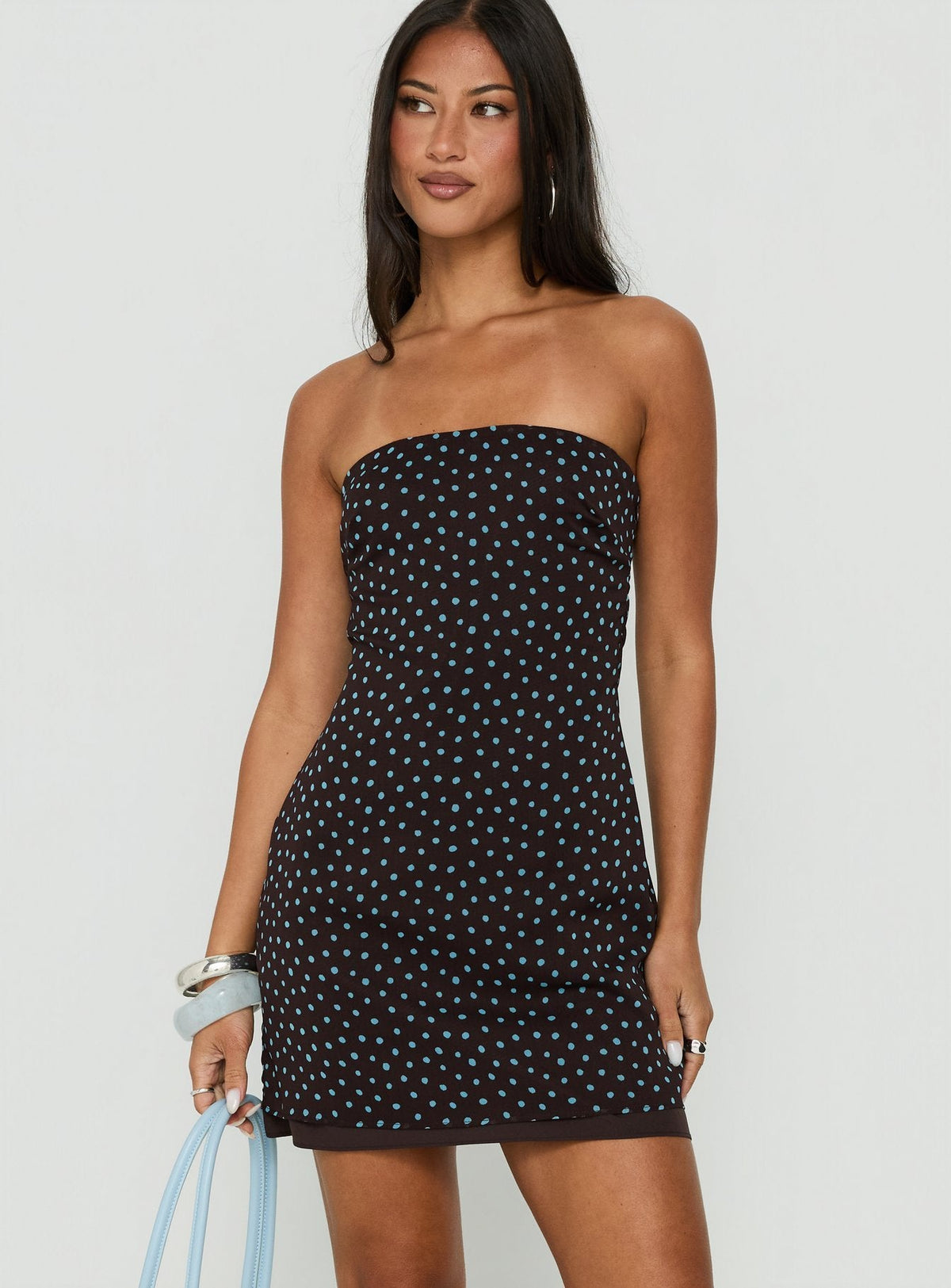 #NOVERA - Vestido Mini Isabettie Marrón y Azul de Lunares Palabra de Honor -