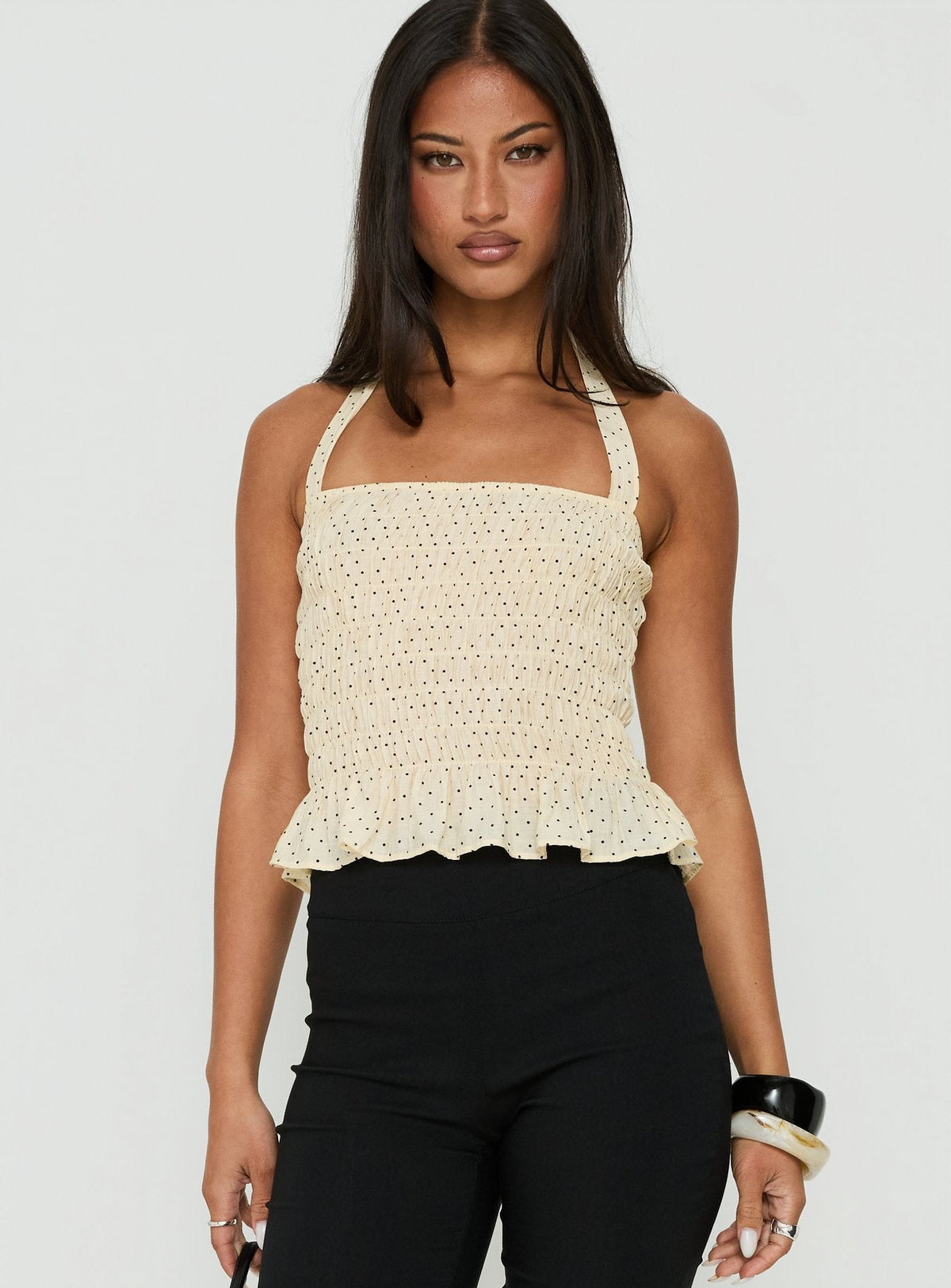 #NOVERA - Top Marbella Amarillo Mantequilla de Lunares Fruncido Halter -