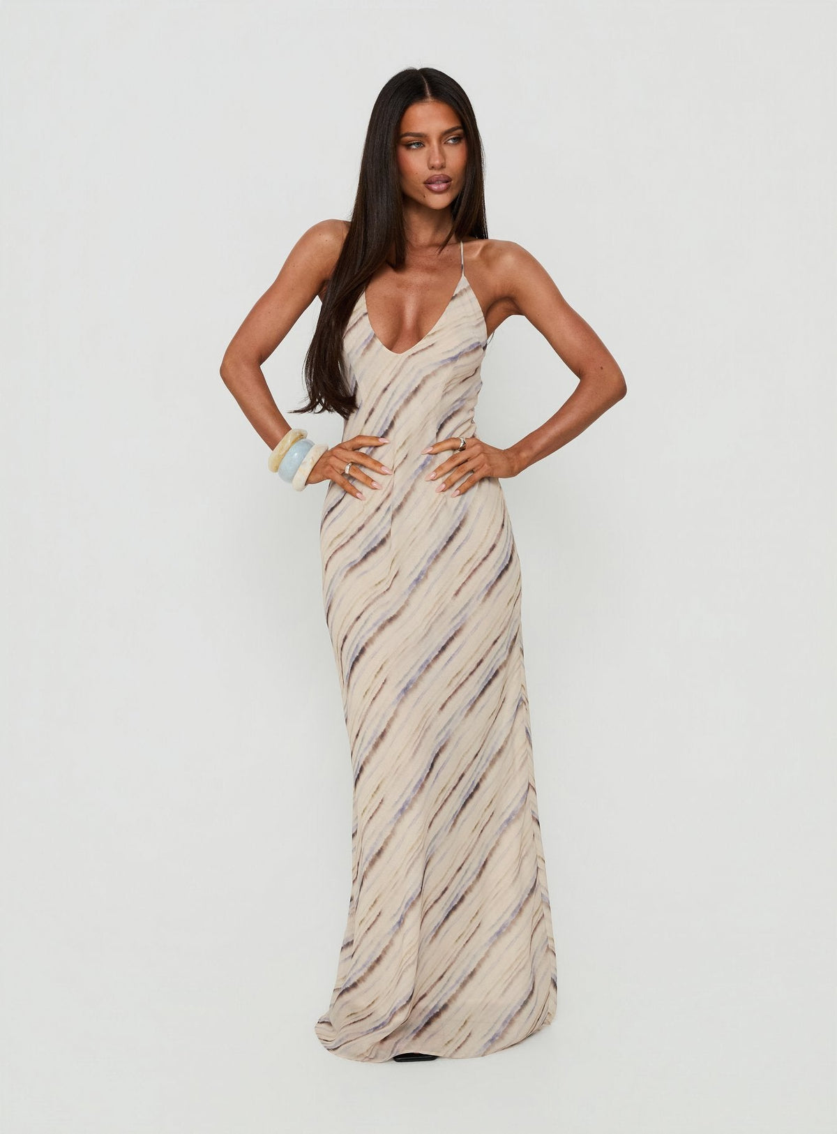 #NOVERA - Vestido Largo Esmira Crema de Rayas Halter -