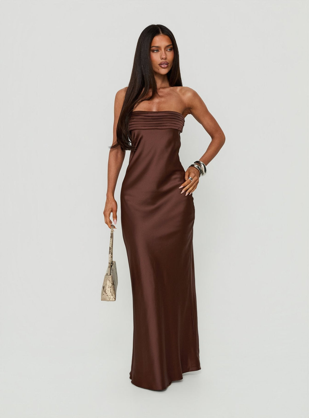 #NOVERA - Vestido Largo Khalotte Marrón Palabra de Honor -