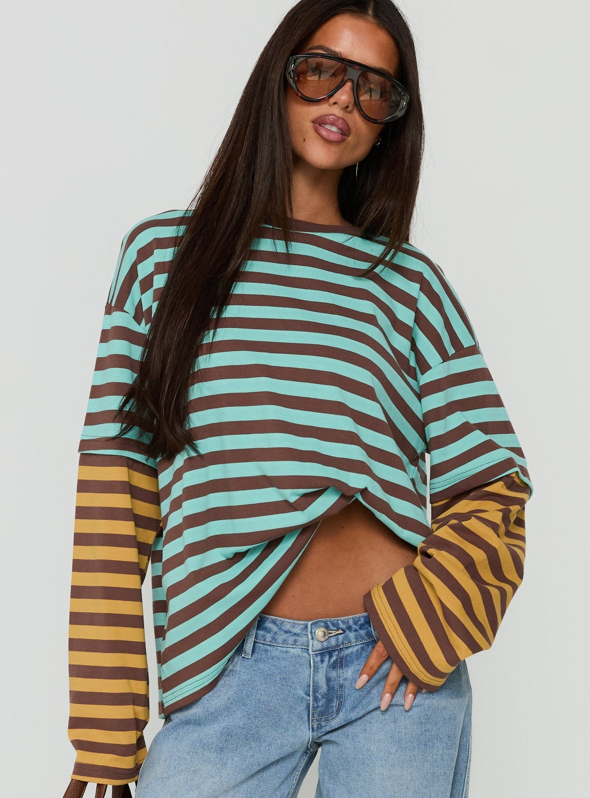 #NOVERA - Top Jorgiah Multicolor de Rayas de Capas de Manga Larga -
