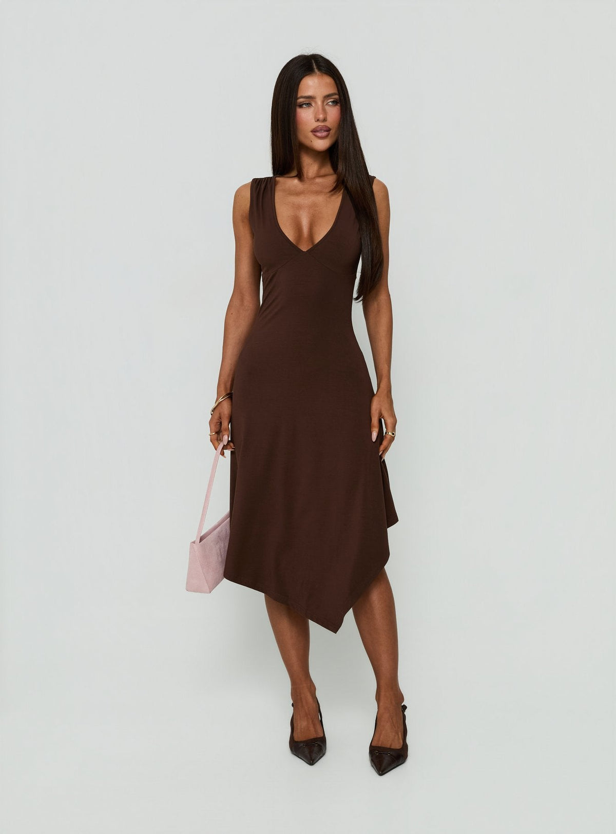#NOVERA - Vestido Midi Louisia Marrón con Cuello en V -