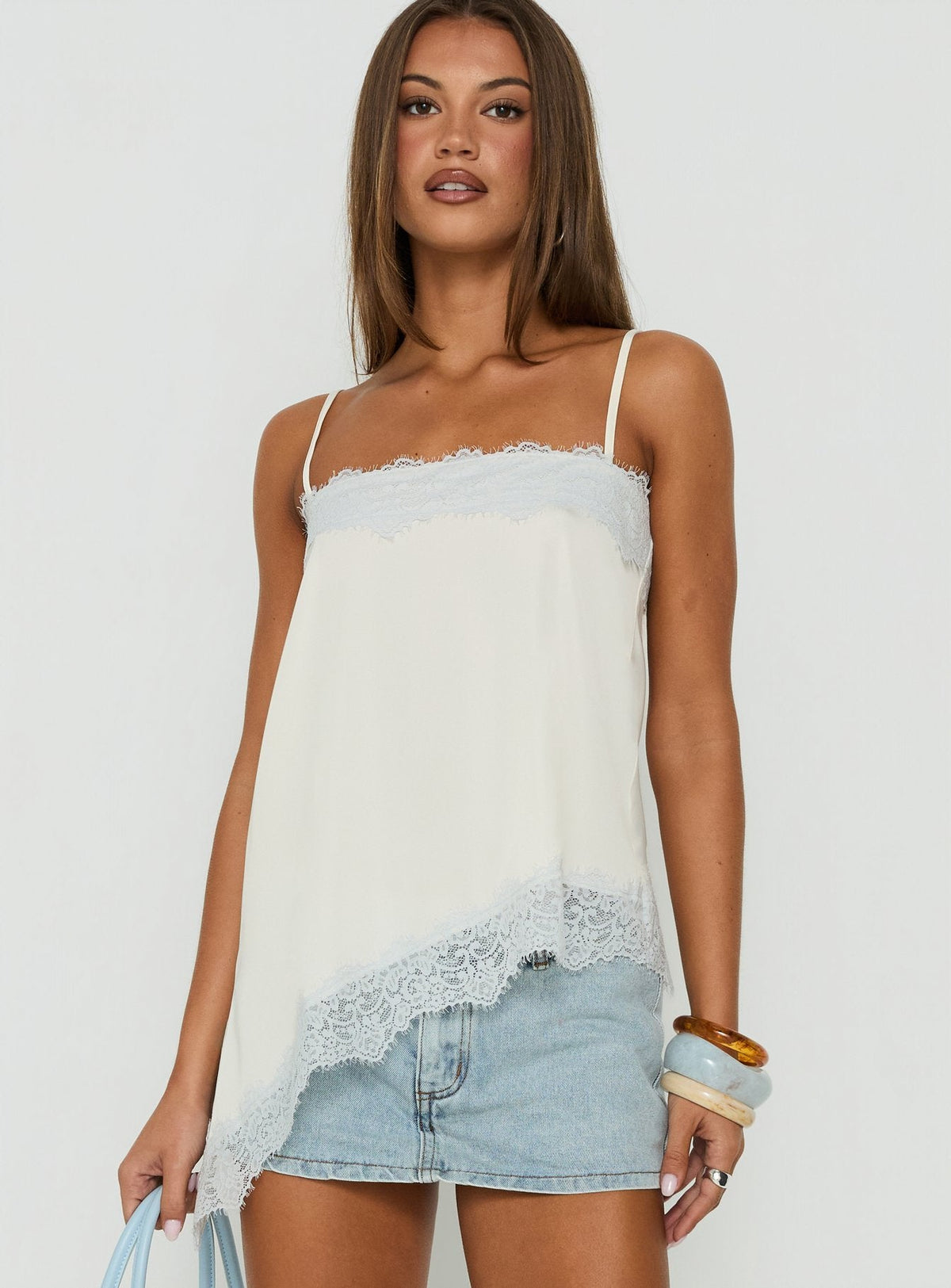 #NOVERA - Top Daesa Crema y Azul Largo de Encaje -