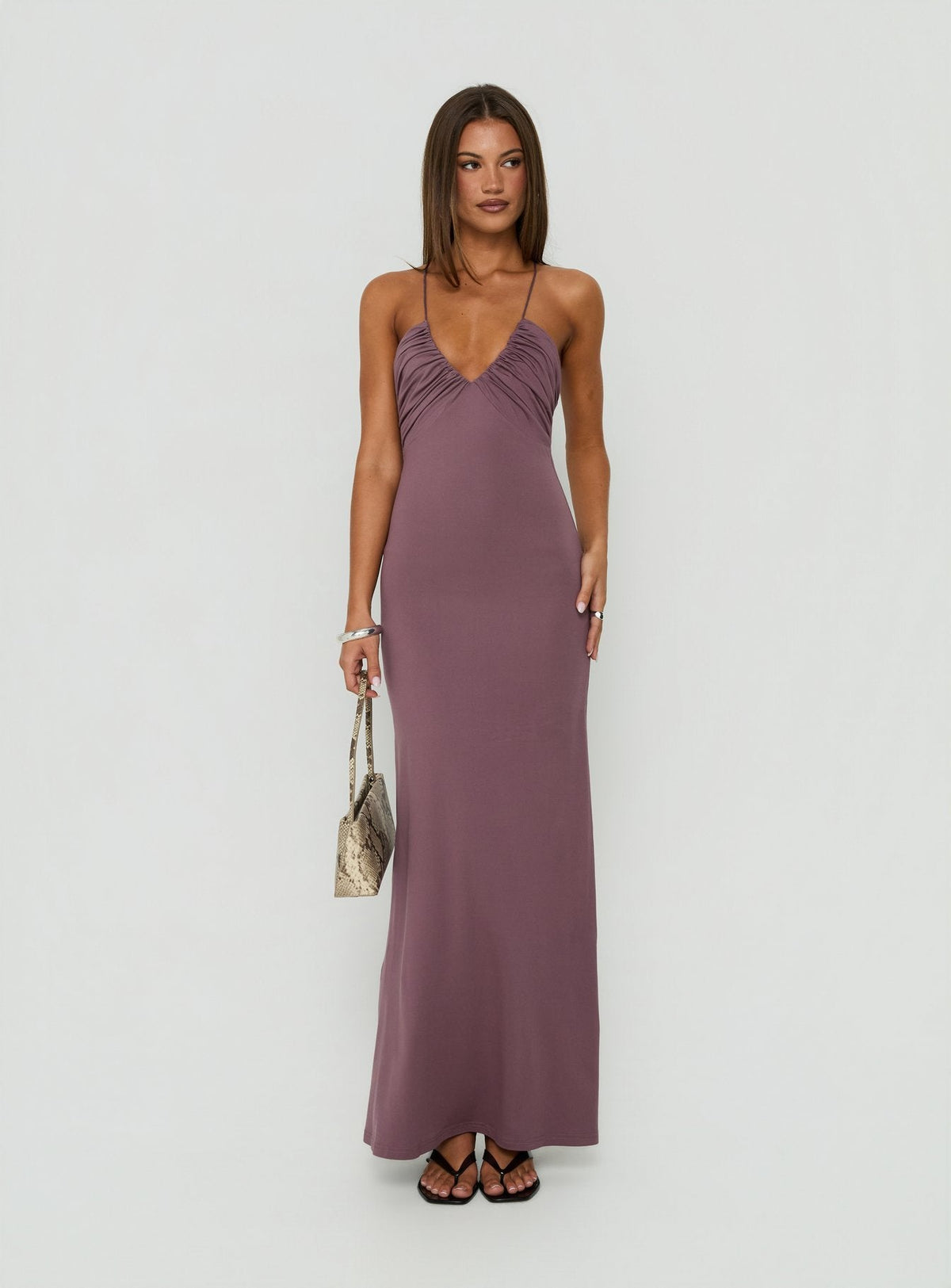 #NOVERA - Vestido Largo Esolda Malva Empolvado Fruncido -