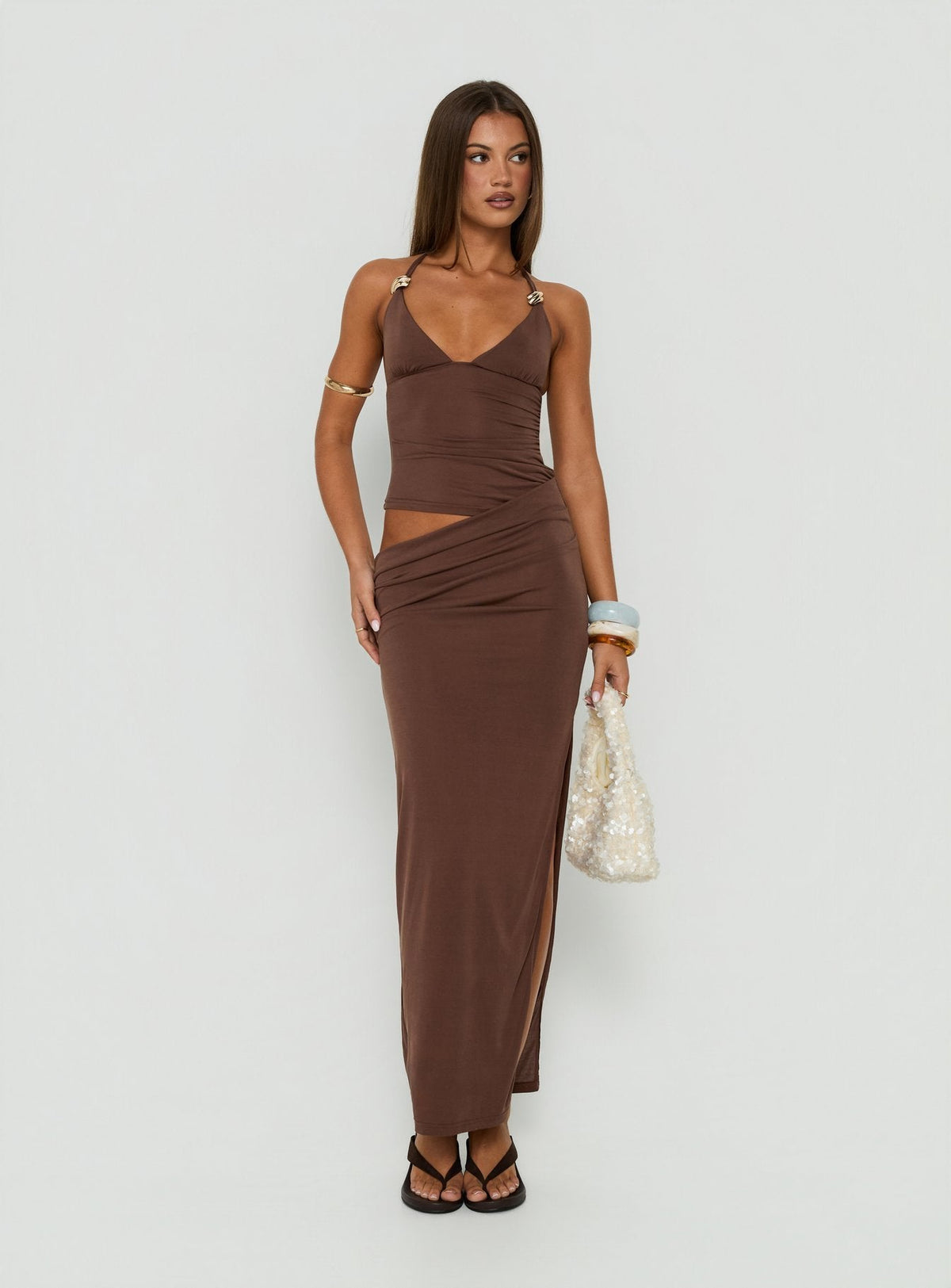 #NOVERA - Vestido Largo Imeraldia Hardware Chocolate Halter -