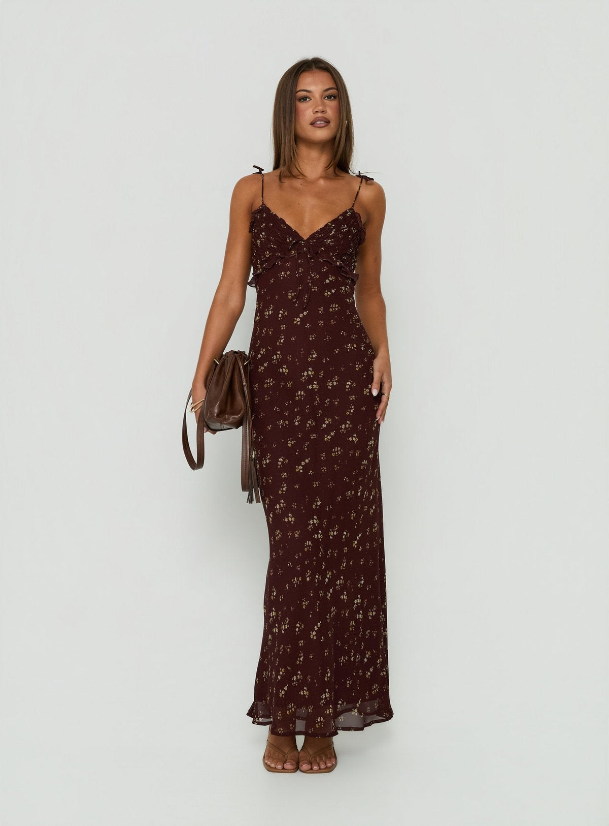 #NOVERA - Vestido Largo Morcar Marrón y Amarillo de Flores con Volantes con Cuello en V -