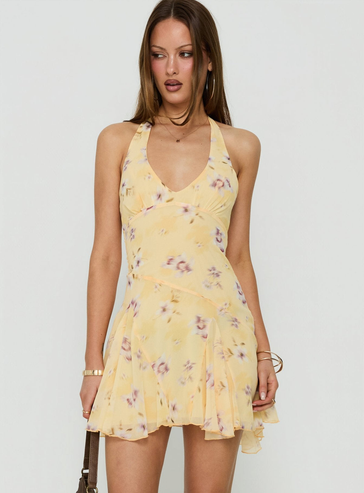 #NOVERA - Vestido Mini Isidorah Amarillo de Flores Halter -
