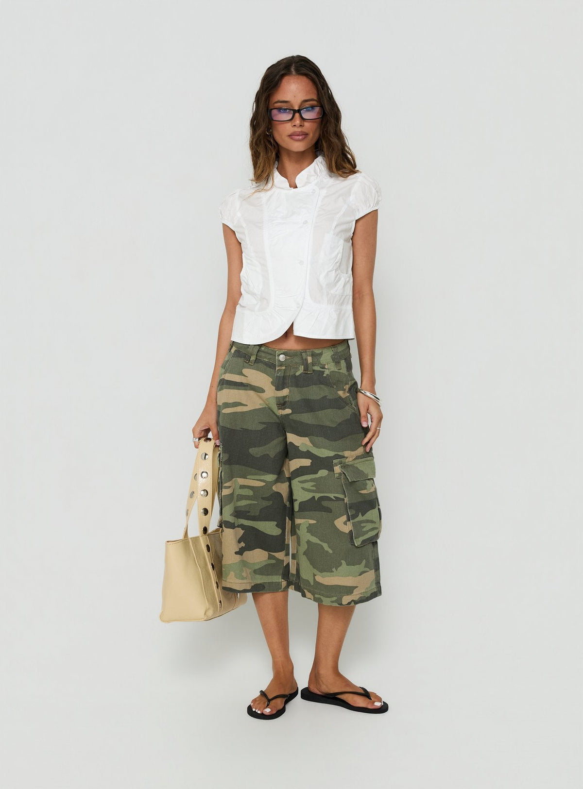 #NOVERA - Shorts Vaqueros Quinni Azul Claro Lavado Camuflaje de Pierna Ancha Cargo -