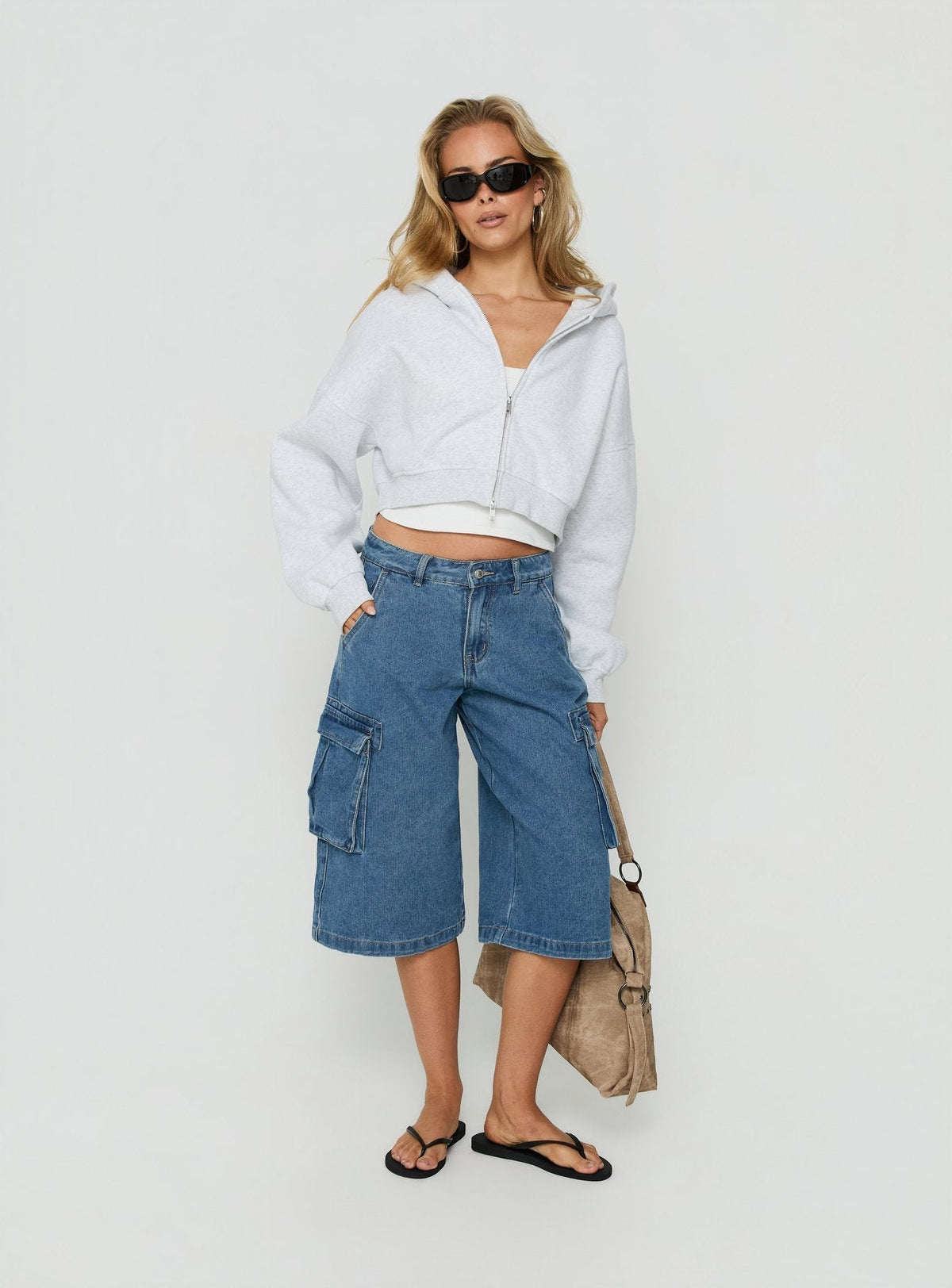#NOVERA - Shorts Vaqueros Hudsen Azul Medio Lavado Largos Cargo -