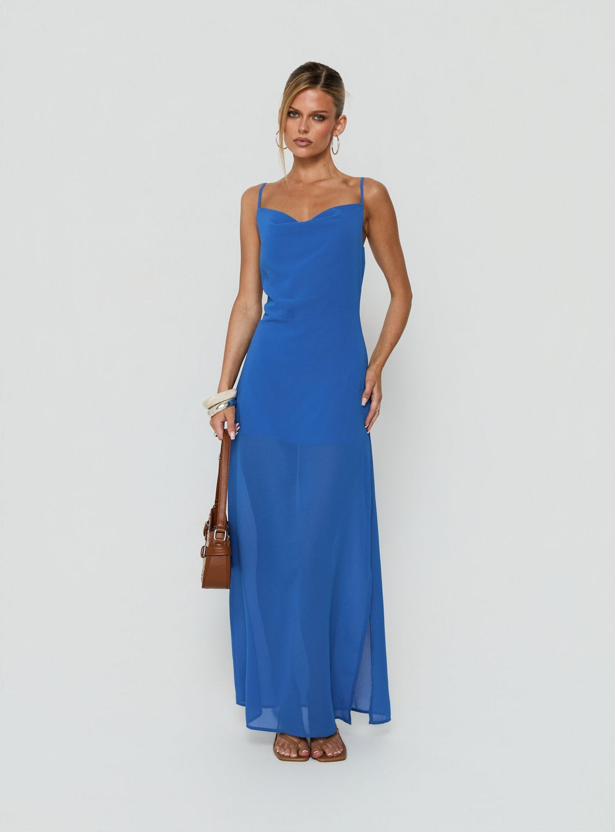 #NOVERA - Vestido Largo Jysela Azul Oscuro con Cuello Drapeado -
