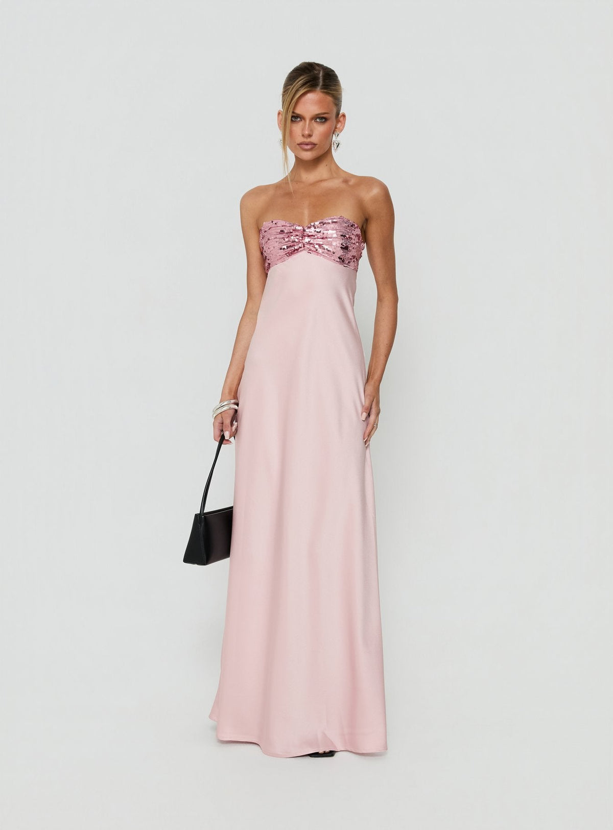#NOVERA - Vestido Largo Lanzarote Rosa de Lentejuelas Palabra de Honor -