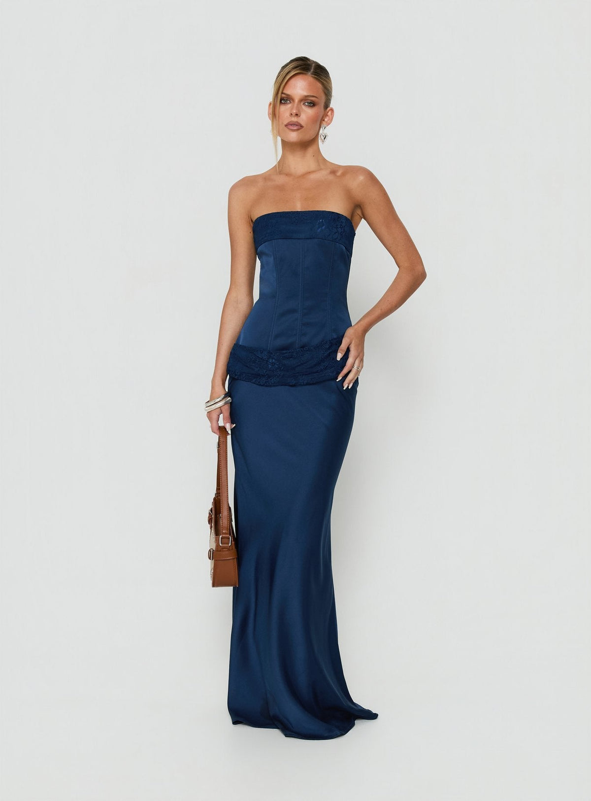 #NOVERA - Vestido Largo Sura Azul Marino Palabra de Honor de Encaje -