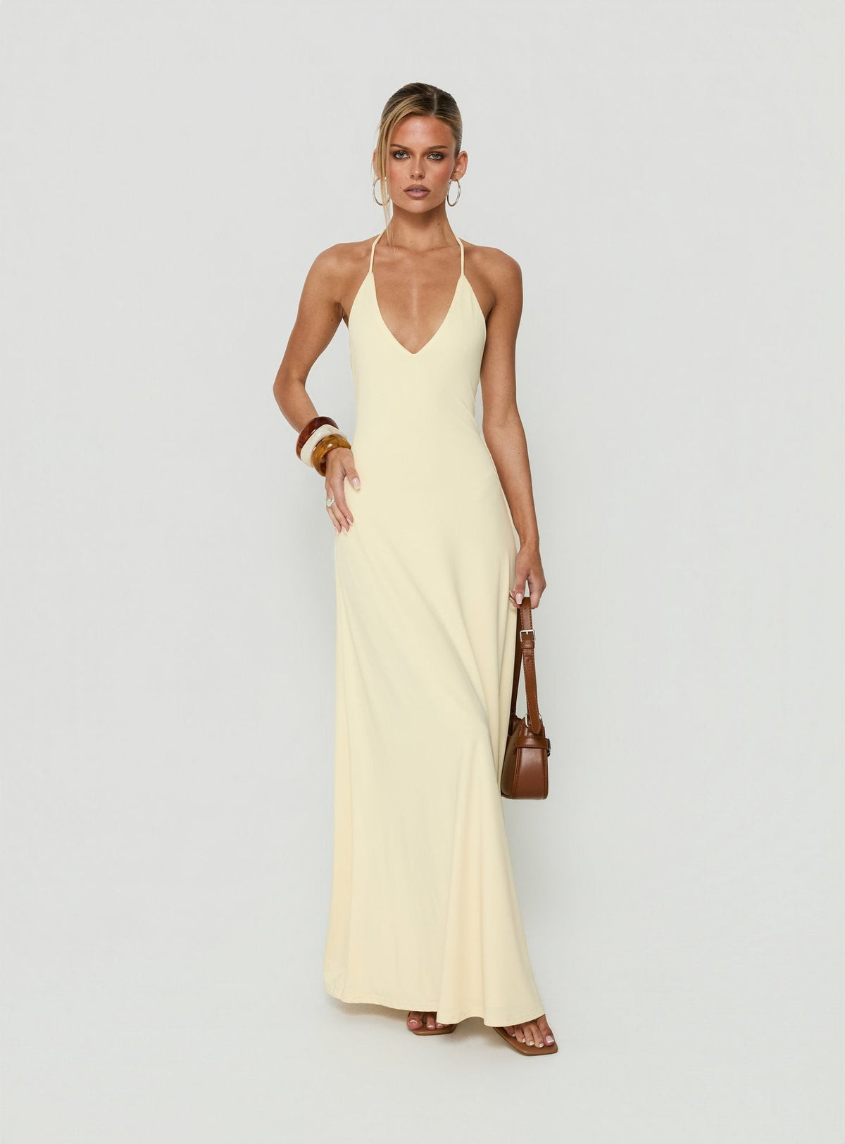 #NOVERA - Vestido Largo Palmas Amarillo Mantequilla Amarillo Halter -