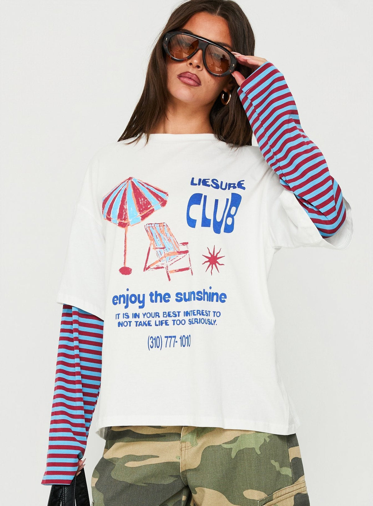 #NOVERA - Camiseta Gema Blanca y Azul de Rayas de Capas de Manga Larga -