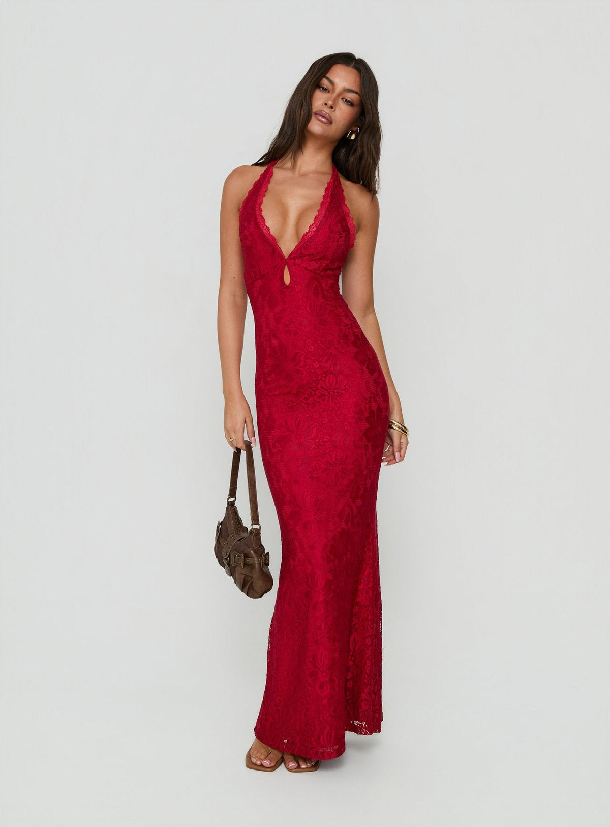 #NOVERA - Vestido Largo Kalaia Rojo de Encaje Halter -