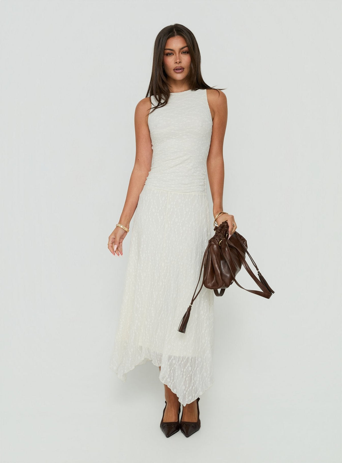 #NOVERA - Vestido Largo Enzina Crema de Encaje -