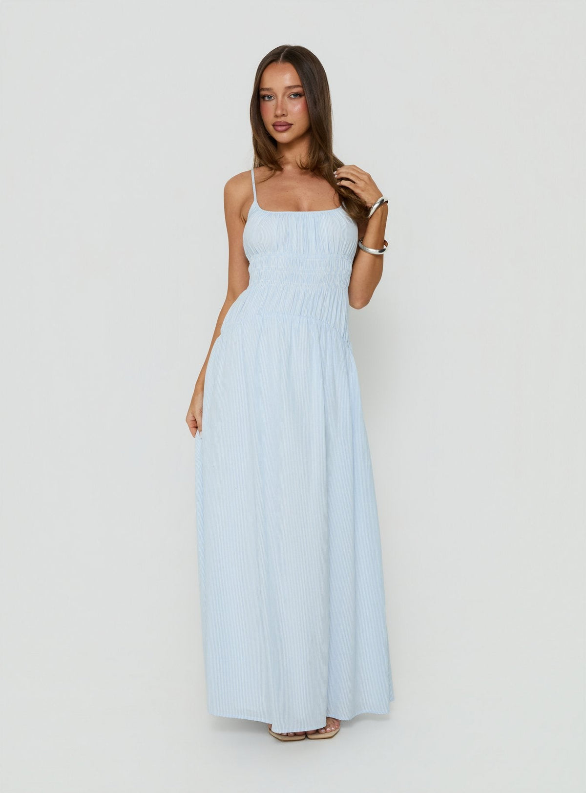 #NOVERA - Vestido Largo Magnolie Azul de Rayas Fruncido -
