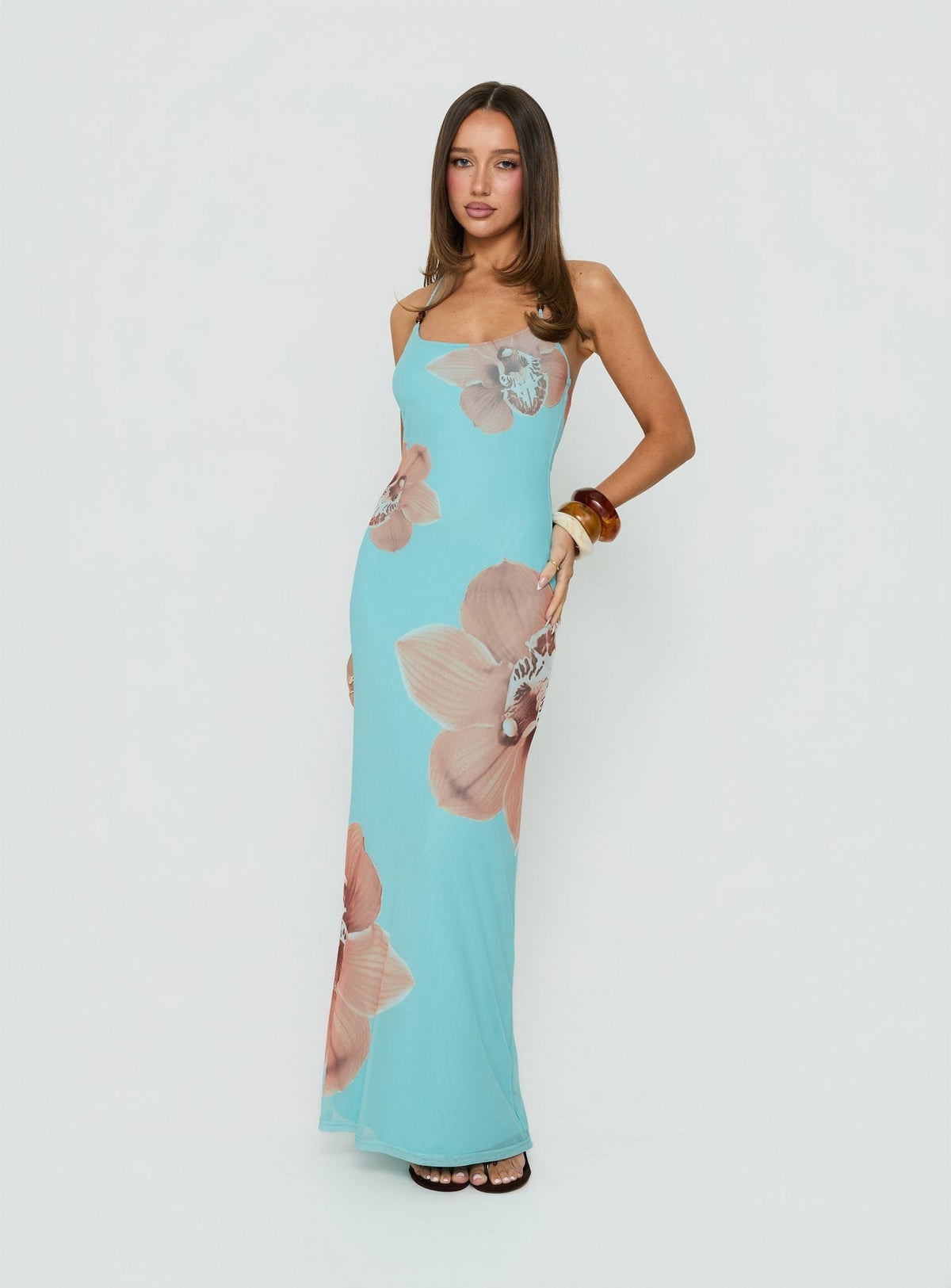 #NOVERA - Vestido Largo Kamina Turquesa con Abalorios Halter -