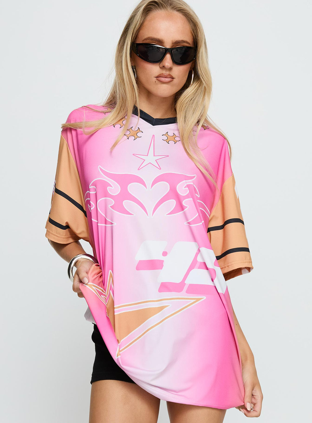#NOVERA - Top Moto Angel Rosa y Naranja Estampada -