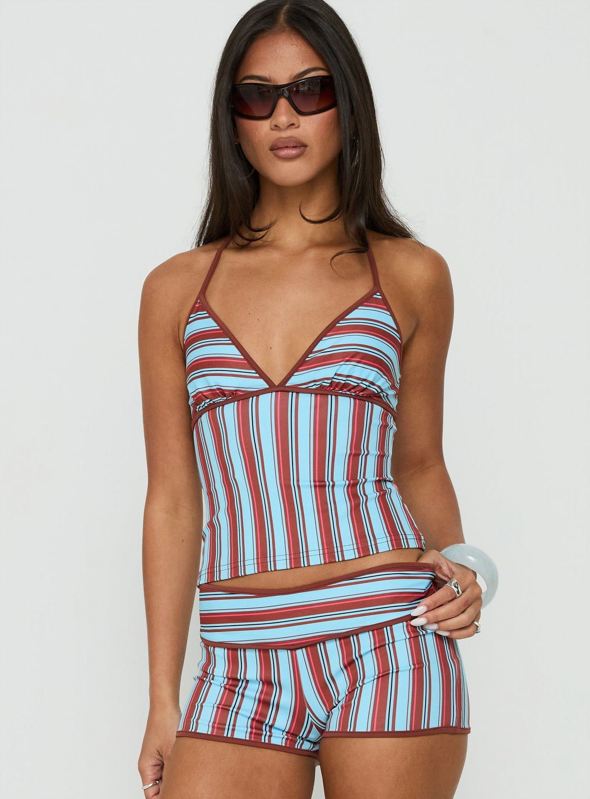 #NOVERA - Top Makira Marrón y Azul de Rayas Halter -