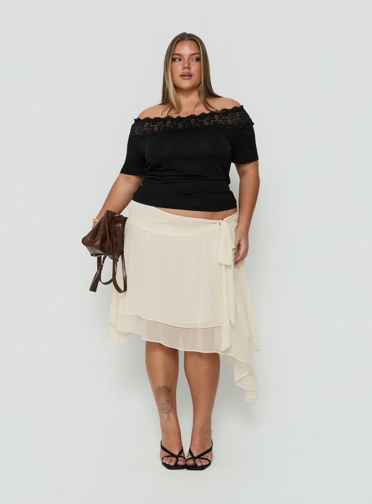 #NOVERA - Falda Midi Ophella Crema con Lazo de Gasa Talla Grande -