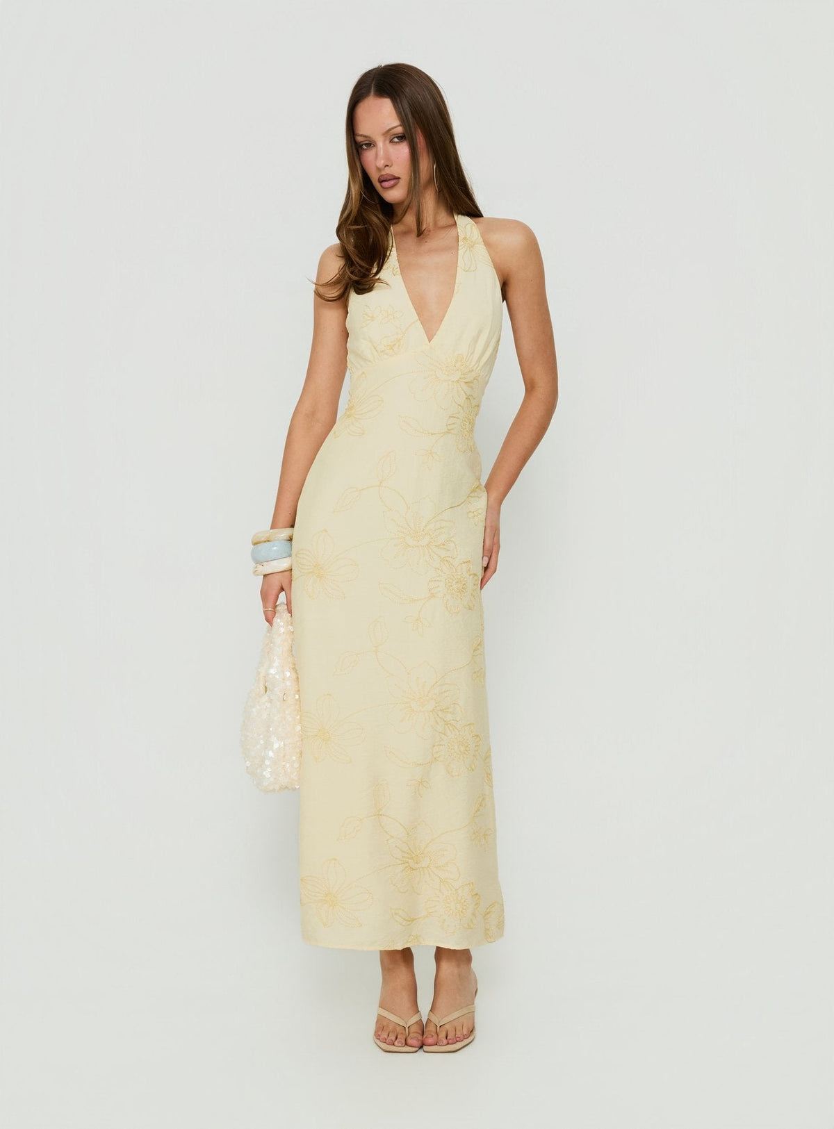 #NOVERA - Vestido Midi Luisella Amarillo de Flores Halter -