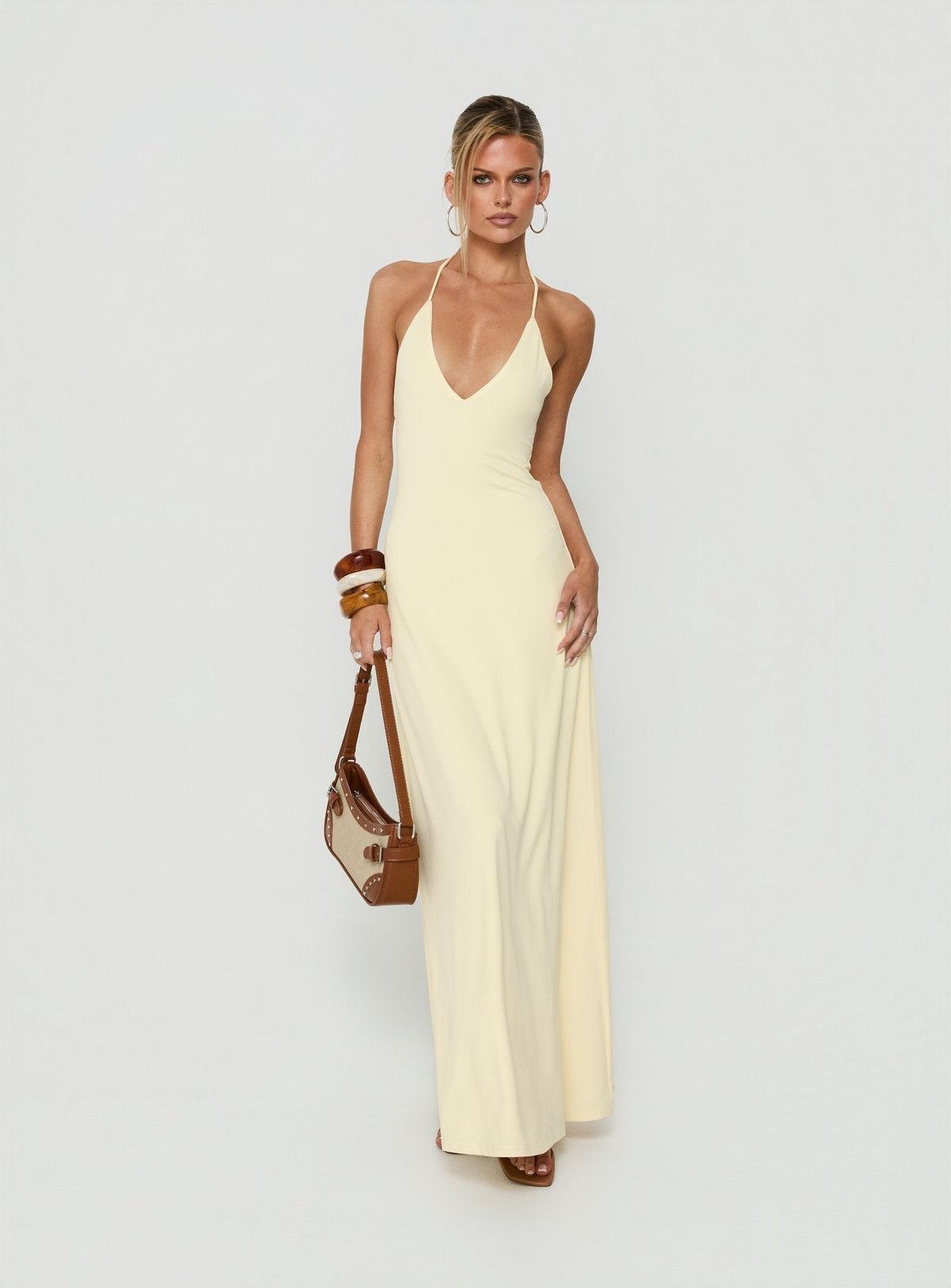 #NOVERA - Vestido Largo Palmas Amarillo Mantequilla Amarillo Halter -