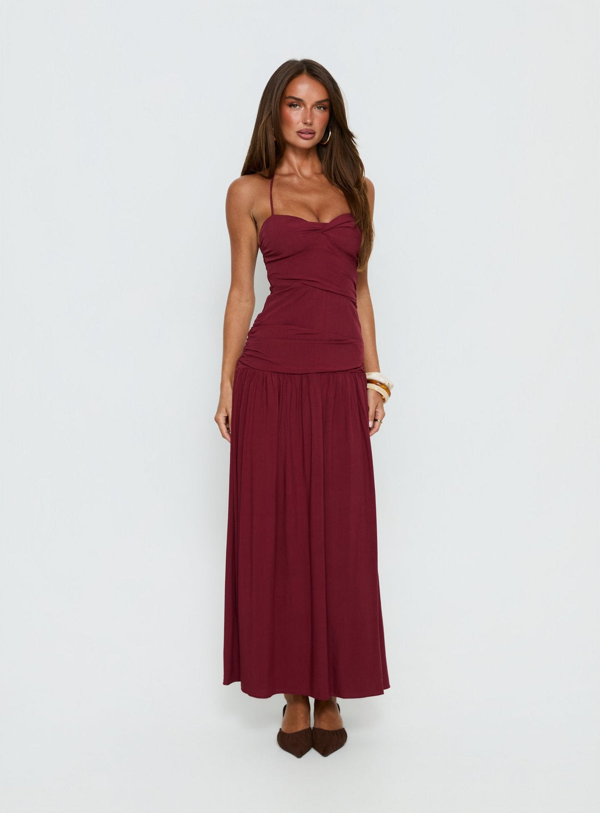 #NOVERA - Vestido Largo Marguerite Rubí Vino Halter -