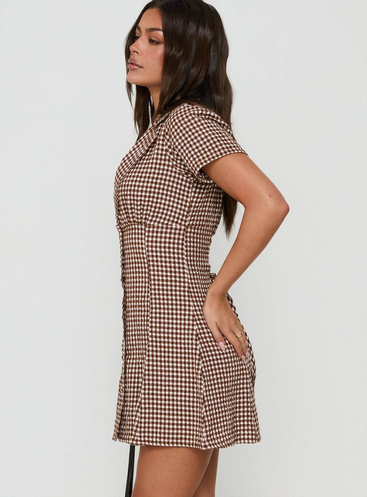 #NOVERA - Vestido Mini Pique Marrón de Vichy con Botones -