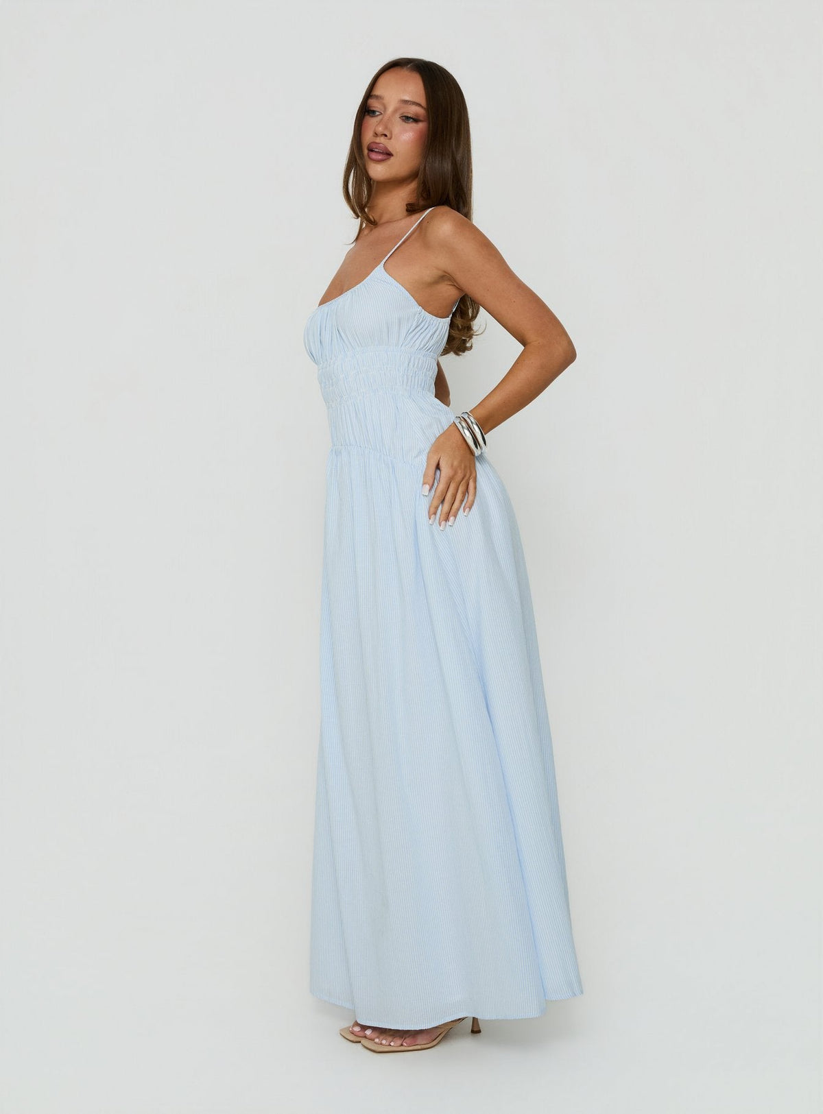 #NOVERA - Vestido Largo Magnolie Azul de Rayas Fruncido -