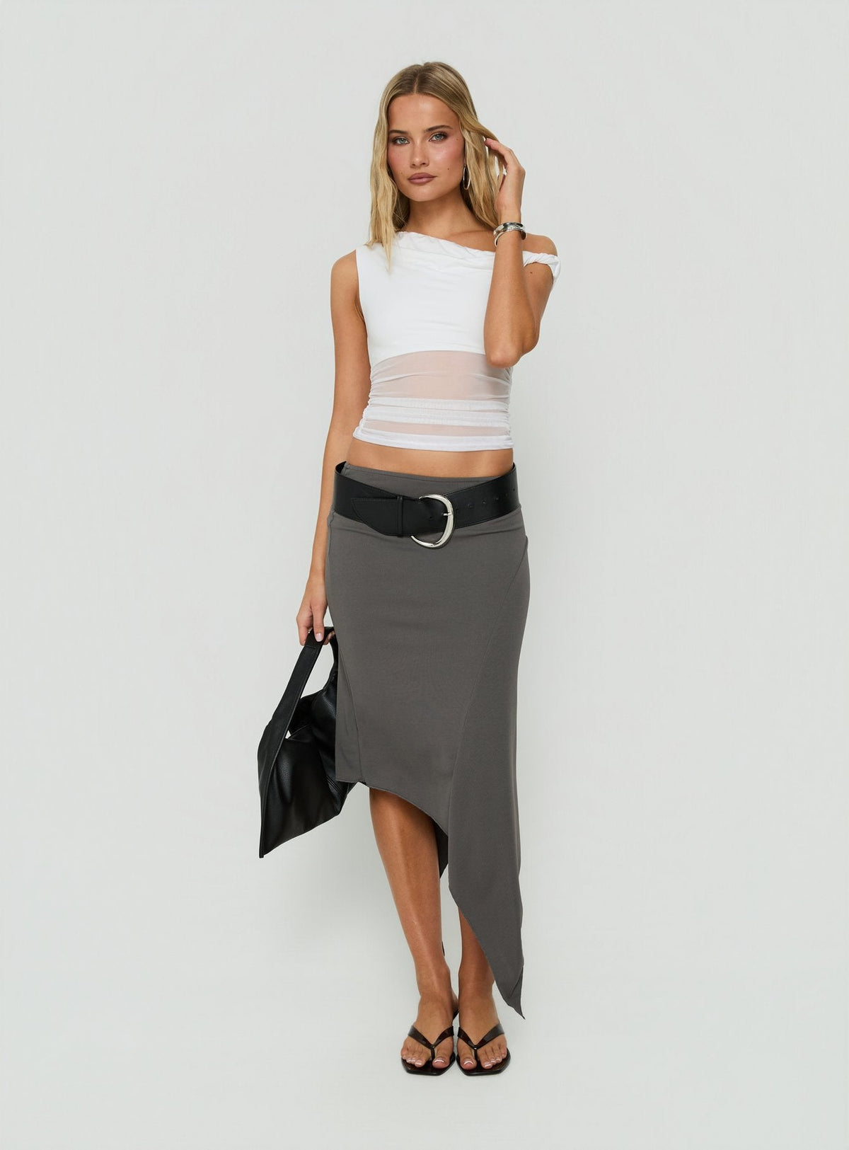 #NOVERA - Falda Midi Aviza Gris Asimétrica -
