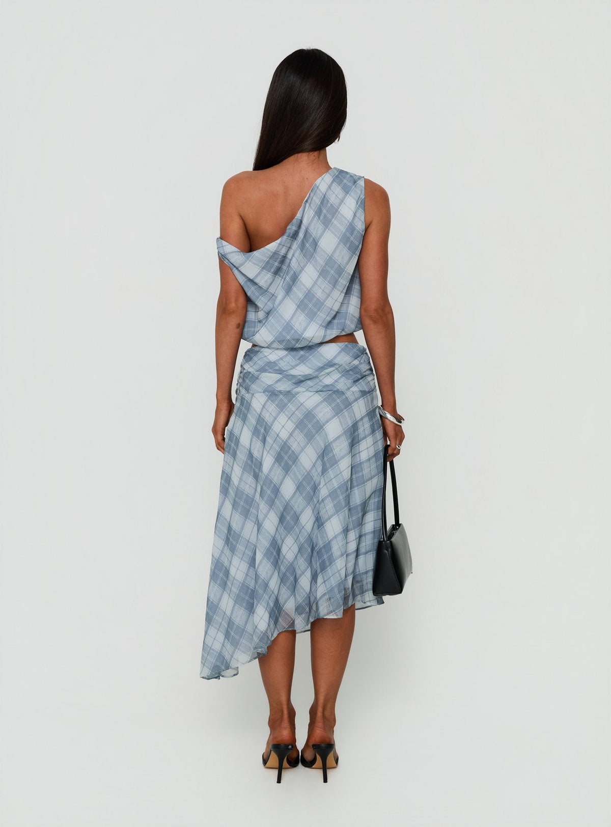 #NOVERA - Falda Midi Sabbine Azul de Cuadros Asimétrica -
