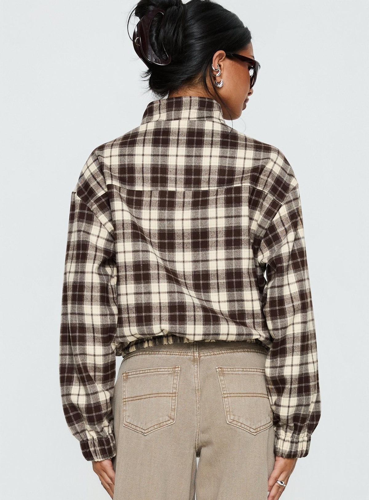 #NOVERA - Chaqueta Khodana Marrón de Cuadros de Cuello Alto con Botones -