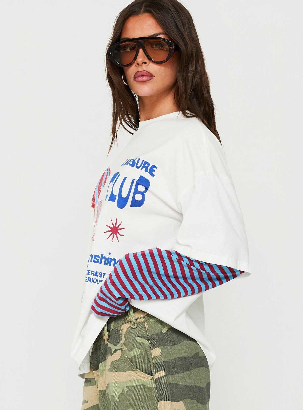 #NOVERA - Camiseta Gema Blanca y Azul de Rayas de Capas de Manga Larga -