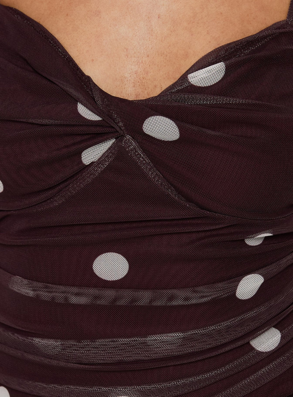 #NOVERA - Vestido Mini Edesia Chocolate de Lunares Fruncido -