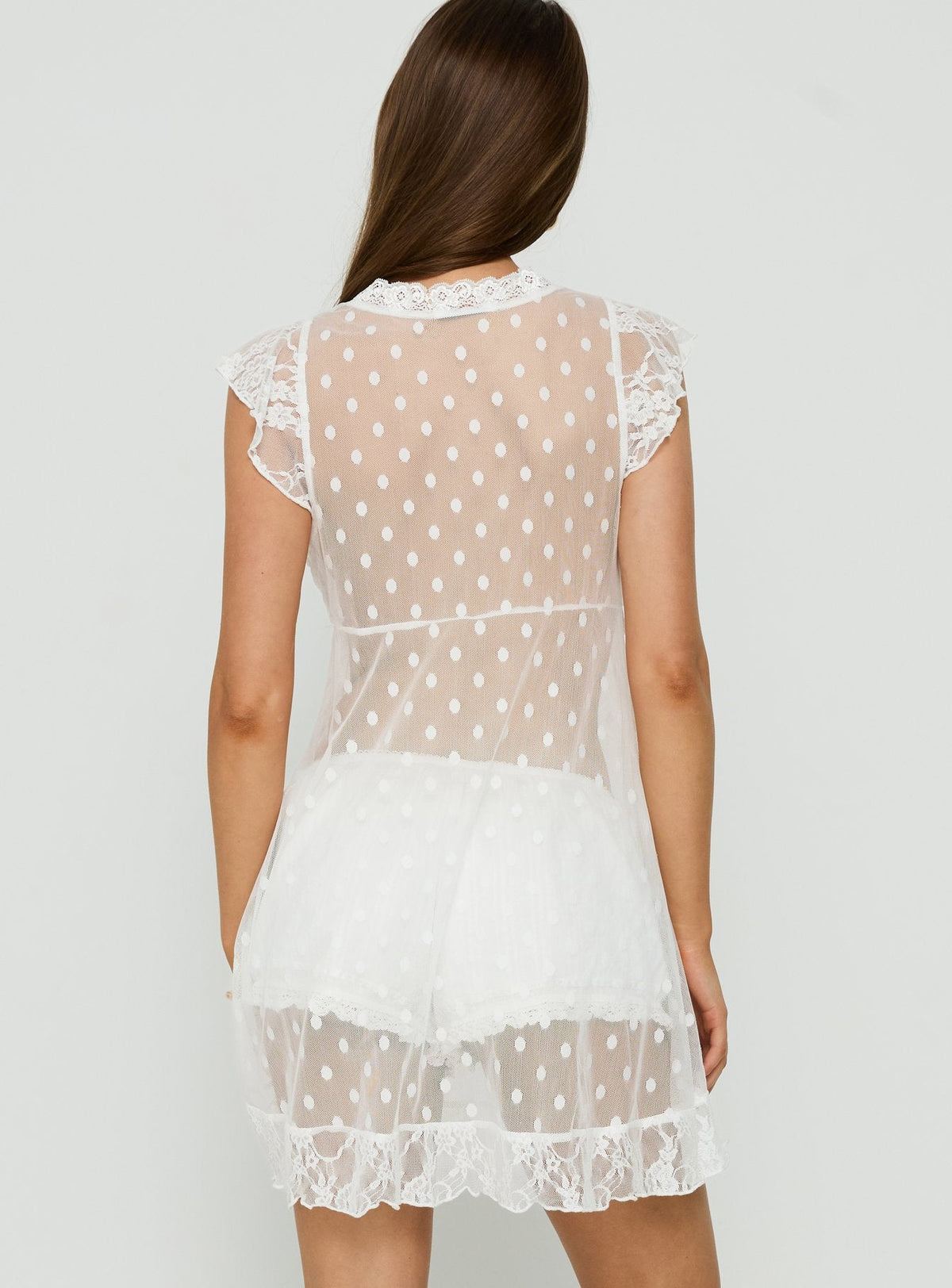 #NOVERA - Vestido Mini Afortunata Blanco de Lunares Transparente de Encaje -