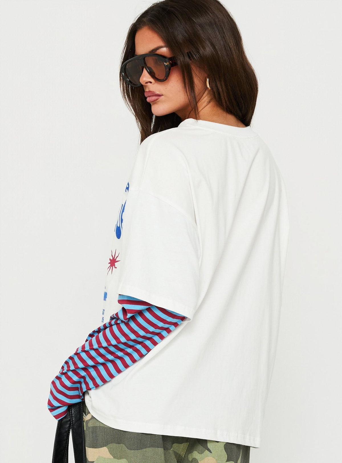 #NOVERA - Camiseta Gema Blanca y Azul de Rayas de Capas de Manga Larga -