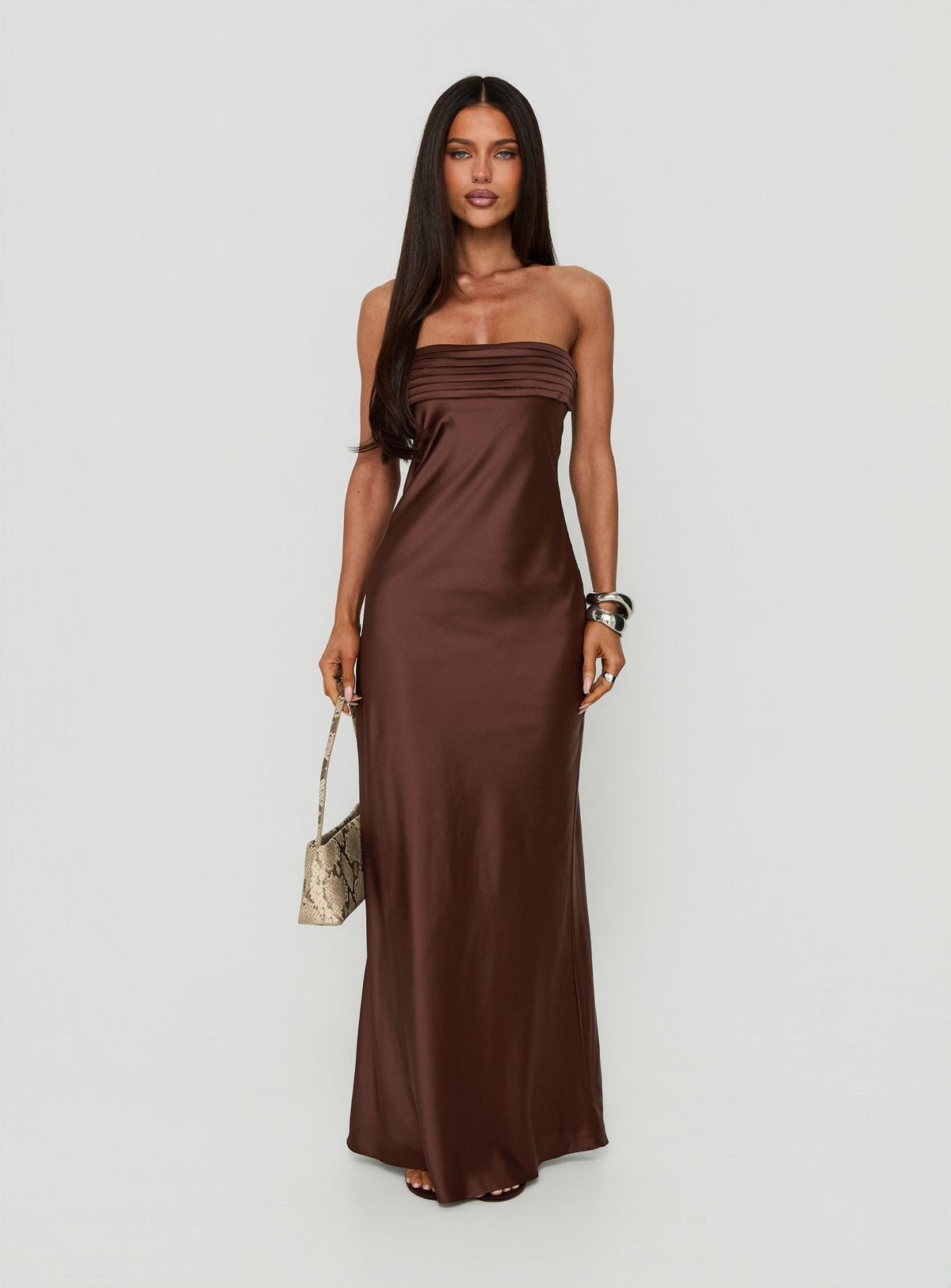 #NOVERA - Vestido Largo Khalotte Marrón Palabra de Honor -